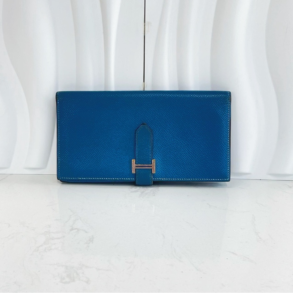 HERMÈS Bearn Blue Epsom Leather Silver Hardware Wallet